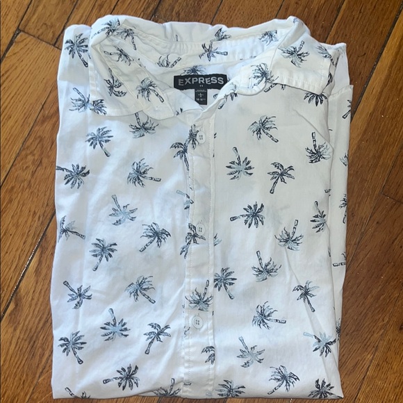 Express White Casual Button Down Shirt with Blue Palm Trees - Picture 7 of 8